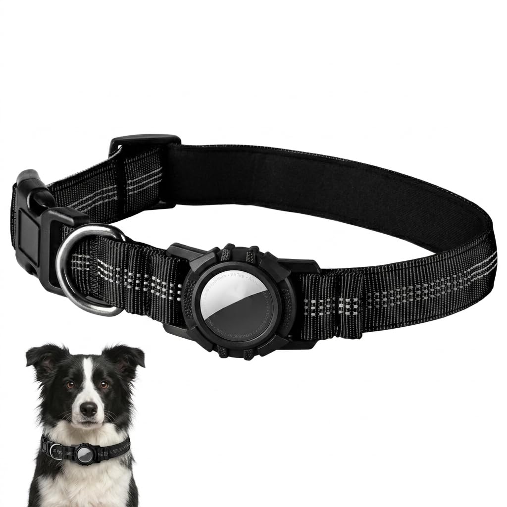 Qpets Reflective AirTag Dog Collar for Medium Dogs with Waterproof Holder, Padding and Dual D Rings