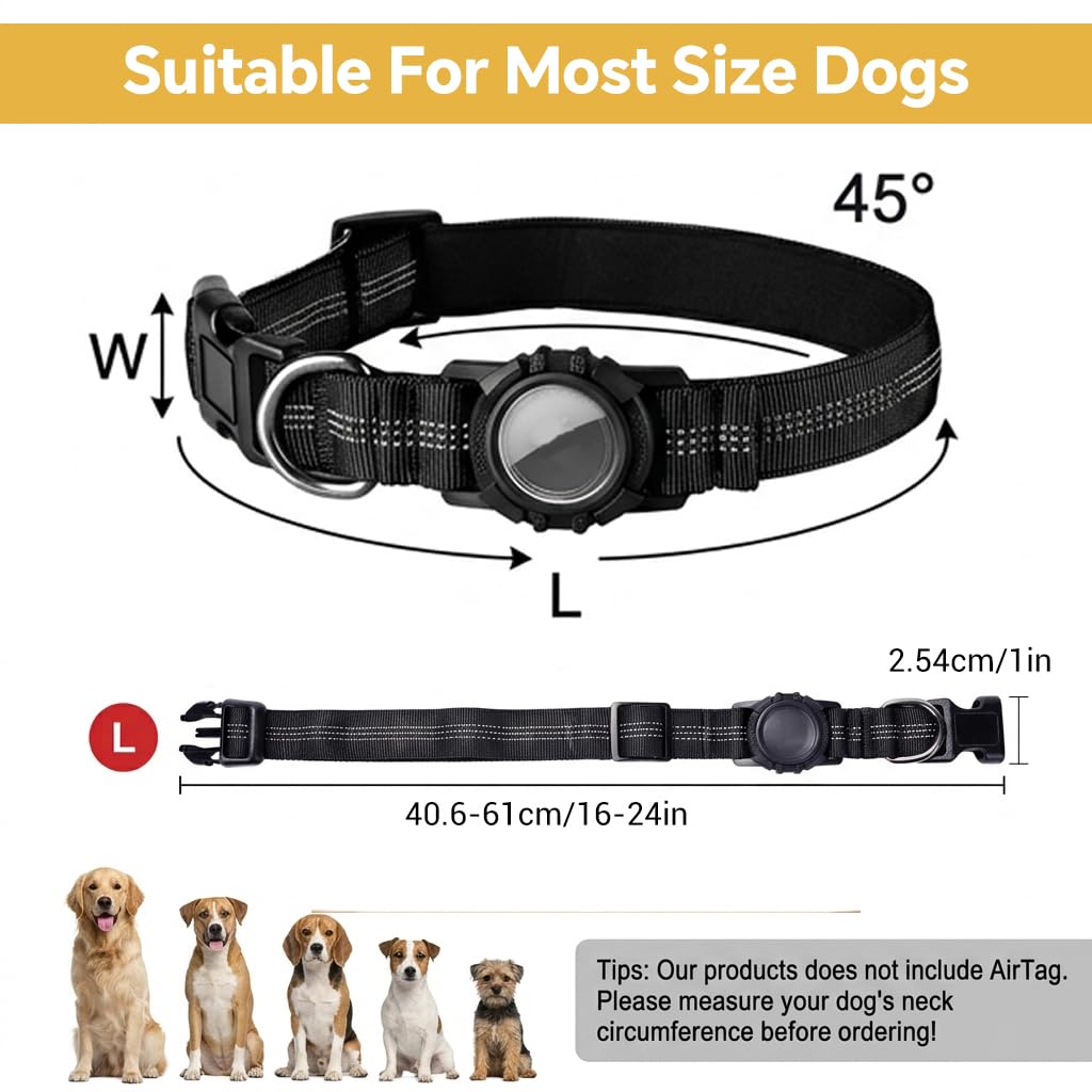 Qpets Reflective AirTag Dog Collar for Medium Dogs with Waterproof Holder, Padding and Dual D Rings