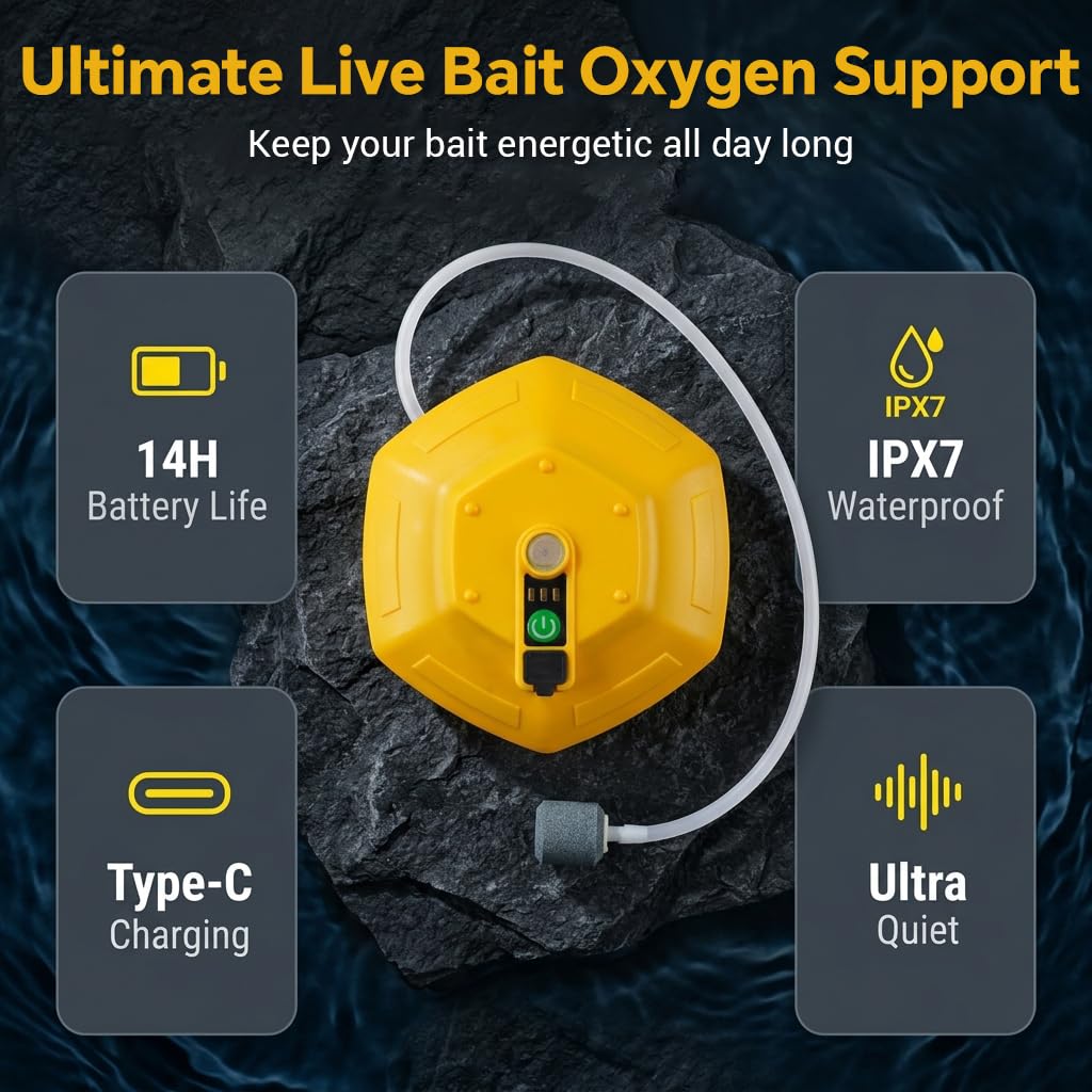 Qpets Floating Live Bait Aerator with 2000mAh Rechargeable Battery, IPX7 Waterproof Design