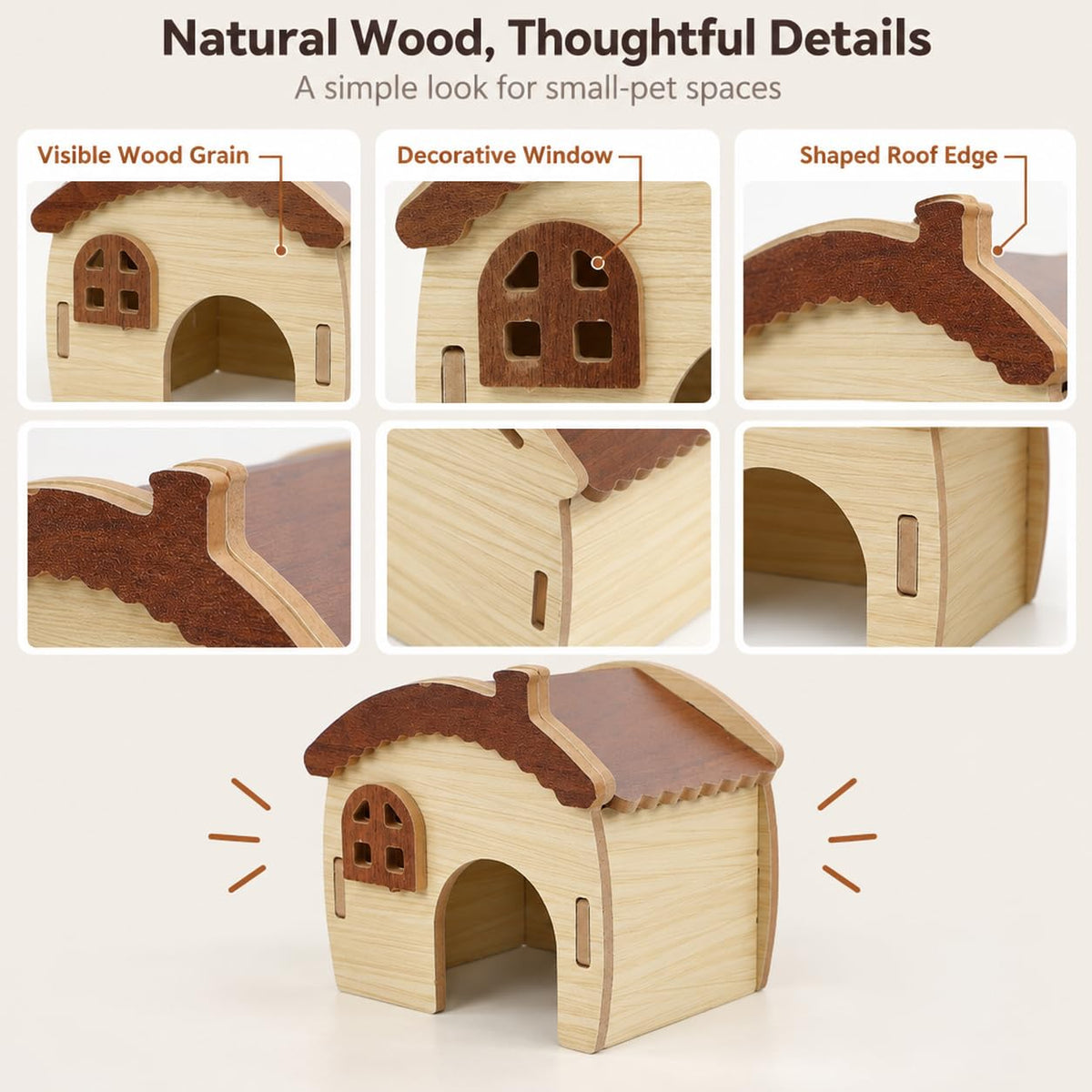Qpets Wooden Hamster House with Natural Wood, Enclosed Hideout and Tool-Free Assembly