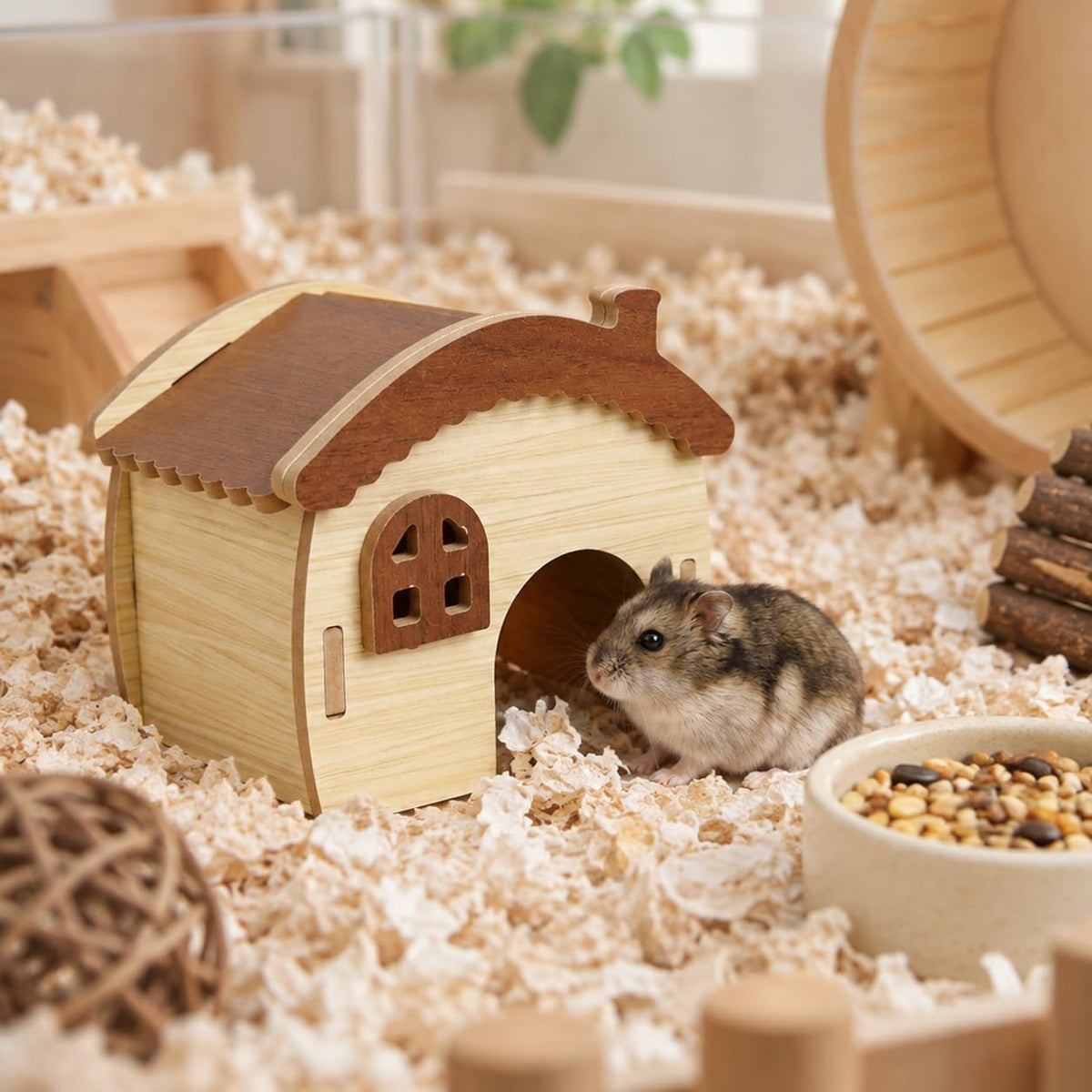 Qpets Wooden Hamster House with Natural Wood, Enclosed Hideout and Tool-Free Assembly