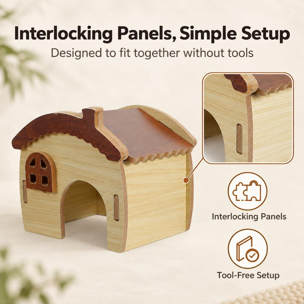 Qpets Wooden Hamster House with Natural Wood, Enclosed Hideout and Tool-Free Assembly