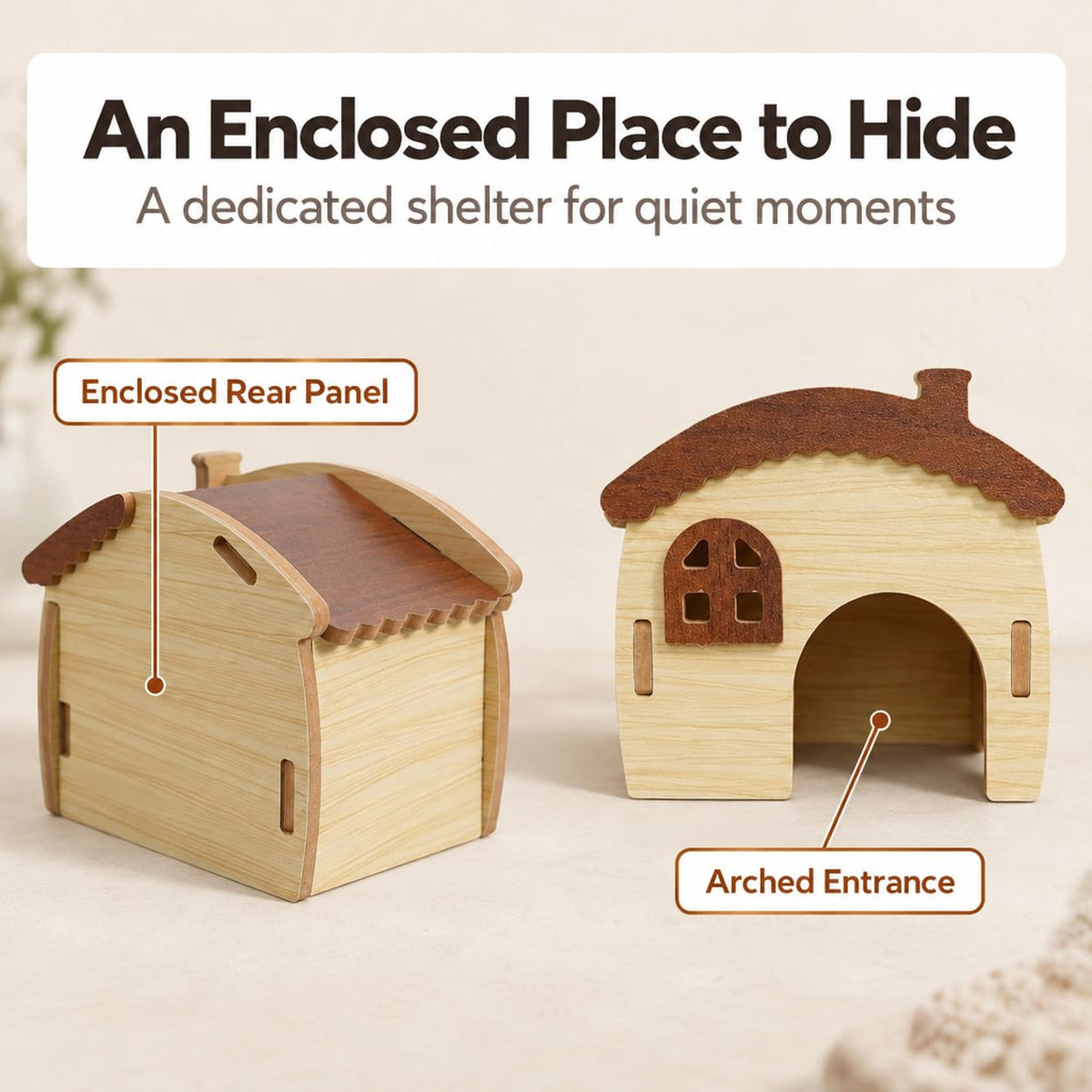 Qpets Wooden Hamster House with Natural Wood, Enclosed Hideout and Tool-Free Assembly