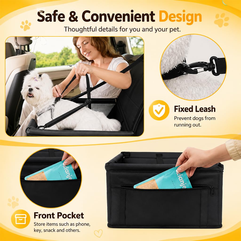 Qpets Foldable Dog Car Booster Seat with Mesh Sides, Safety Leash and Washable Oxford Fabric