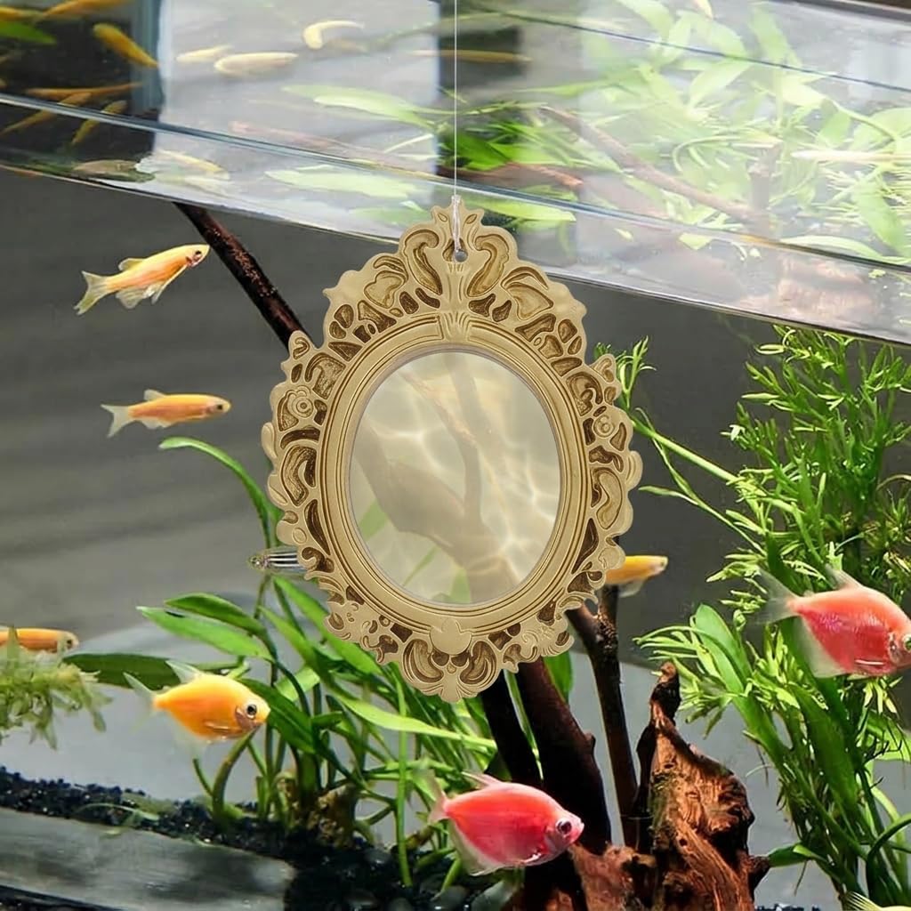 Qpets Betta Fish Floating Mirror Tank Decor with PVC Frame, Glass Mirror and Tool-Free Setup