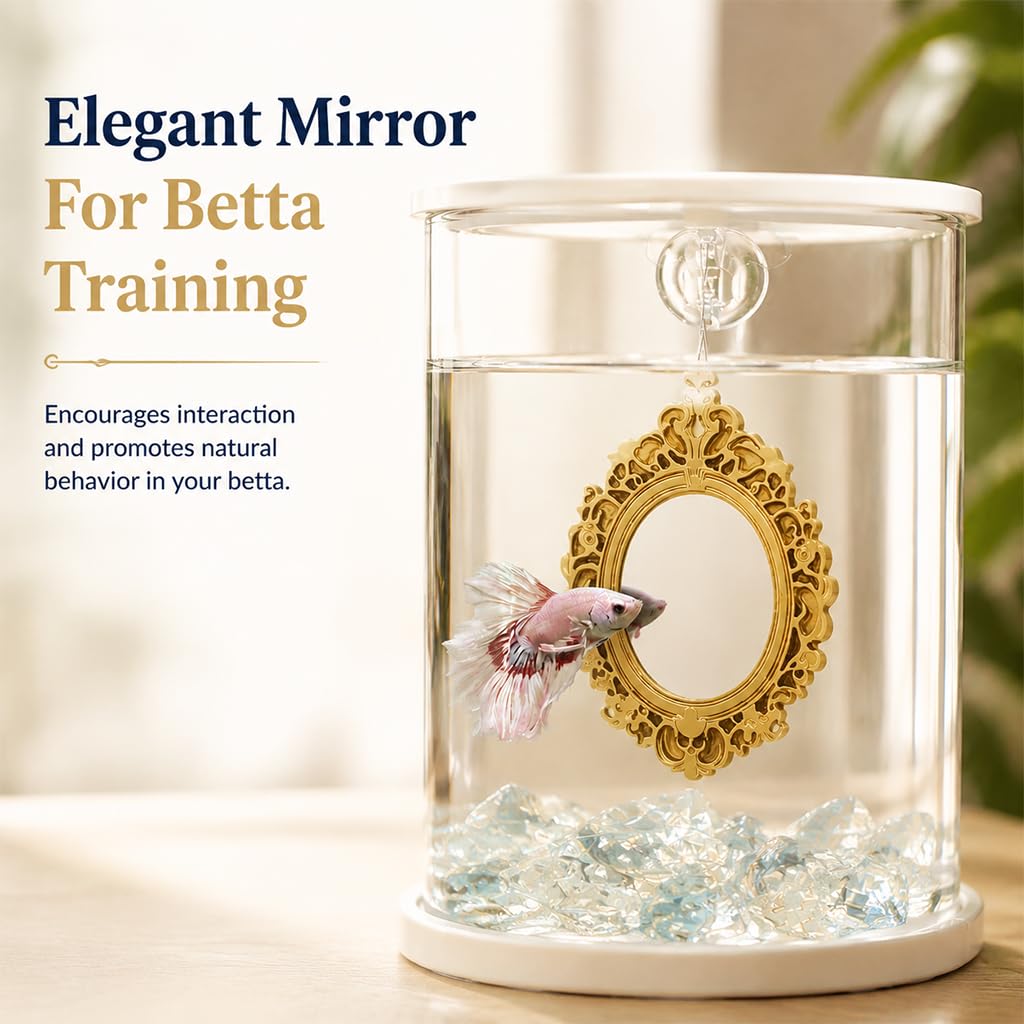 Qpets Betta Fish Floating Mirror Tank Decor with PVC Frame, Glass Mirror and Tool-Free Setup