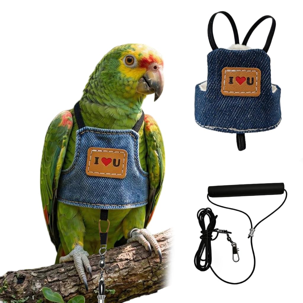 Qpets Bird Flight Harness with Leash, S, 16cm Back Girth, Denim Vest for Small Parrots