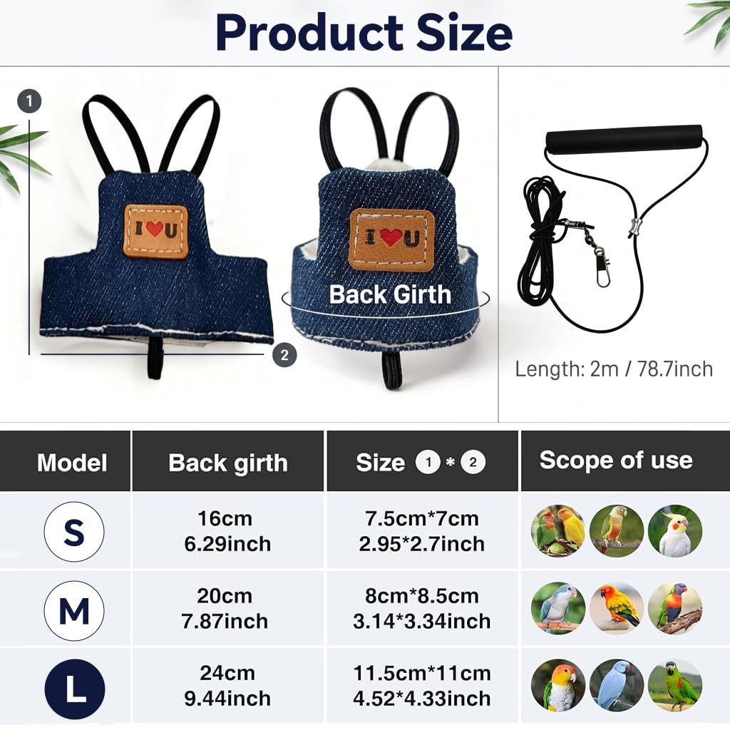 Qpets Bird Flight Harness with Leash, S, 16cm Back Girth, Denim Vest for Small Parrots