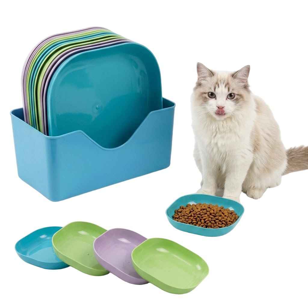Qpets Whisker-Friendly Cat Bowls, 10-Pack with Holder Tray, Wide Shallow Plastic Dishes