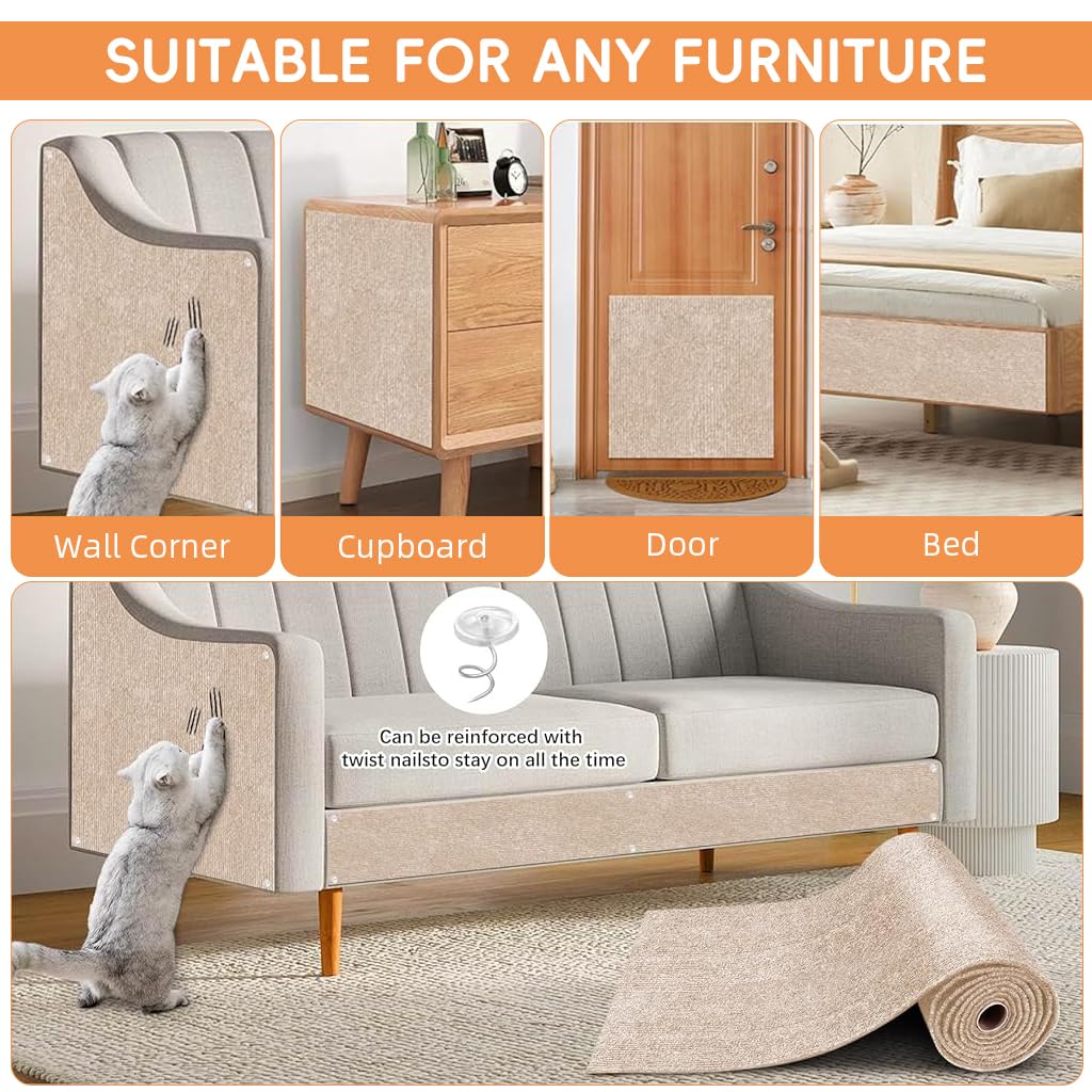 Qpets® Cat Scratch Pad, Scratch Pad for Cats, Wall Cat Scratcher Mat (40x100cm) Cuttable Adhesive Cat Scratching Mat for Wall, Cabinet, Couch, Floor