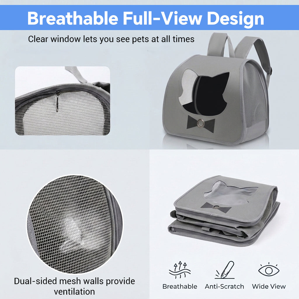 Qpets Foldable Pet Backpack Carrier with Breathable Mesh and Transparent Panels for Cats and Small Dogs
