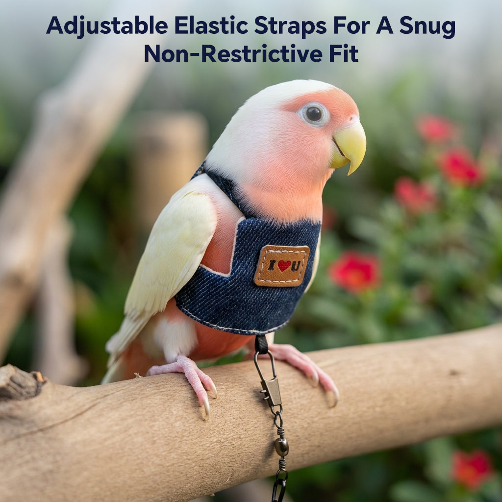 Qpets Bird Flight Harness with Leash, S, 16cm Back Girth, Denim Vest for Small Parrots