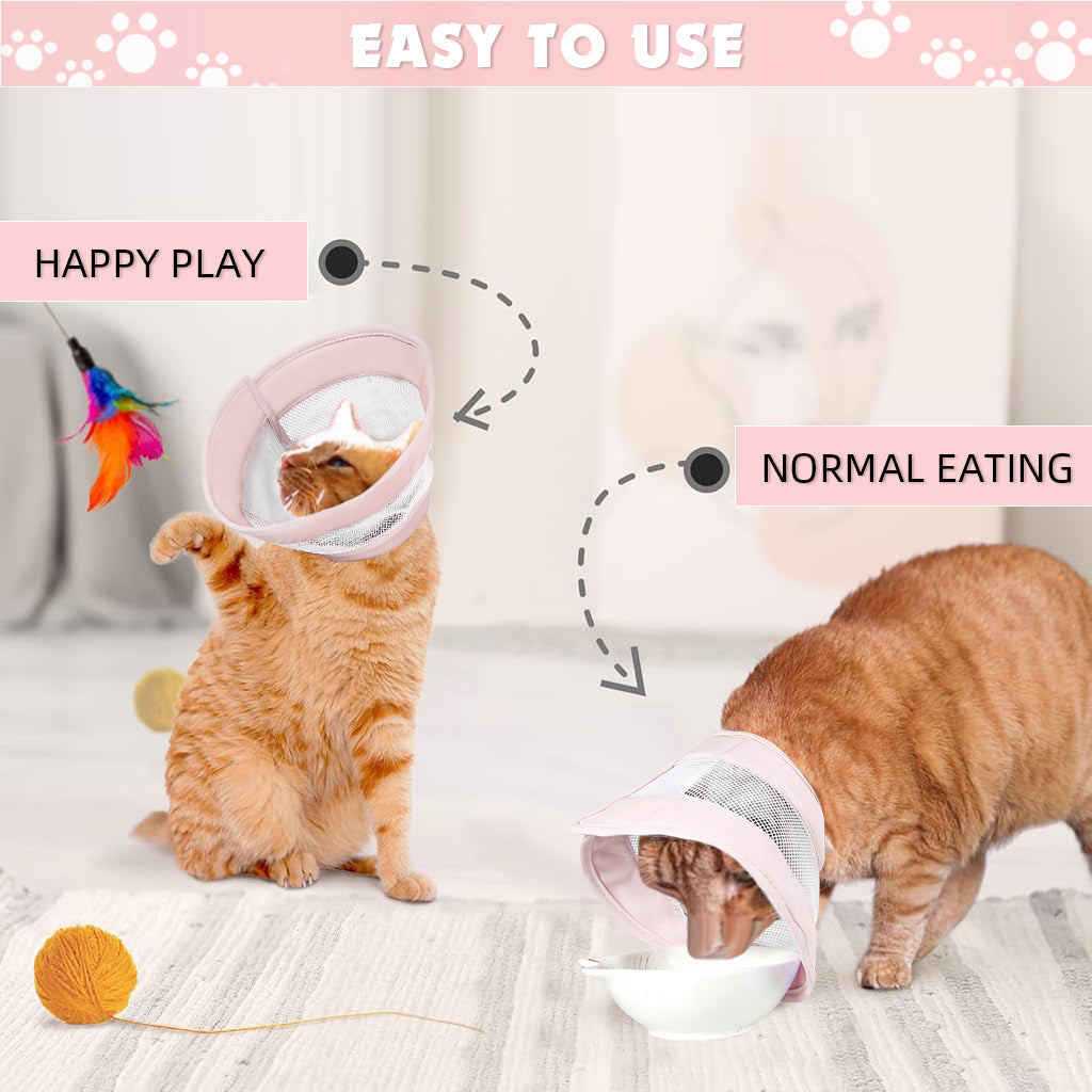 Qpets® Cat Cone Drawstring Adjustable Cat Cone Lick-proof Cat Cone for Recovery Protective Collar Patchwork Breathable Mesh Cat Cone Collar for Cat