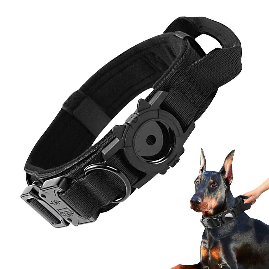 Qpets® Tactical Dog Collar with AirTag Holder, 2 in 1 AirTag Dog Collar with Handle & D Ring, Anti-lost Intergrated AirTag Holder Design Quick Release Buckle Nylon Dog Collar (Neck Size 50-63CM)