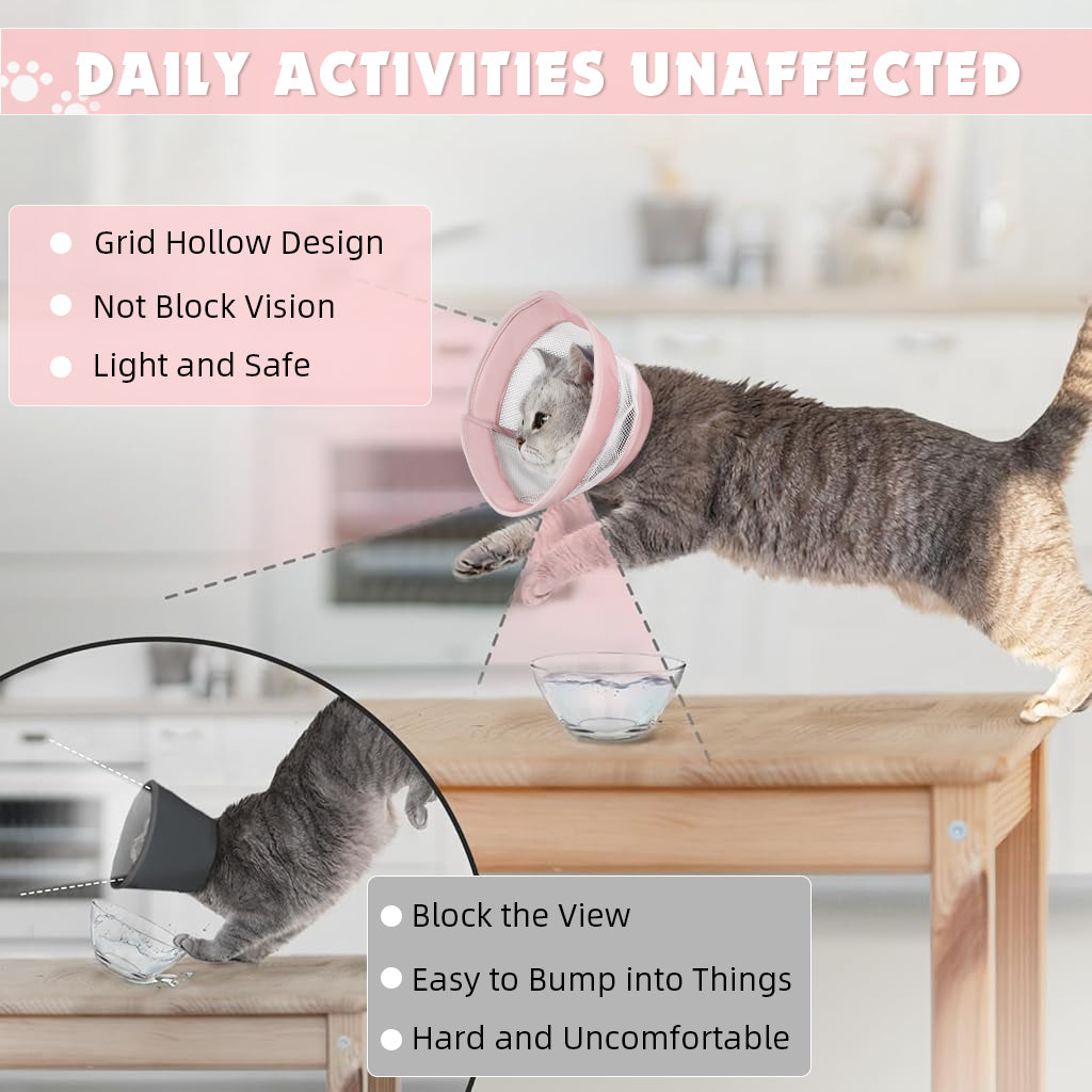 Qpets® Cat Cone Drawstring Adjustable Cat Cone Lick-proof Cat Cone for Recovery Protective Collar Patchwork Breathable Mesh Cat Cone Collar for Cat