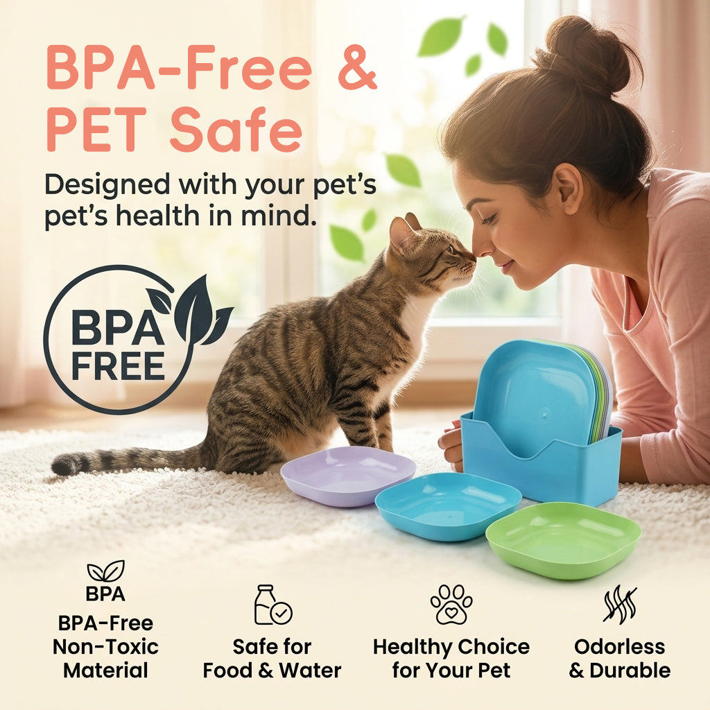 Qpets Whisker-Friendly Cat Bowls, 10-Pack with Holder Tray, Wide Shallow Plastic Dishes