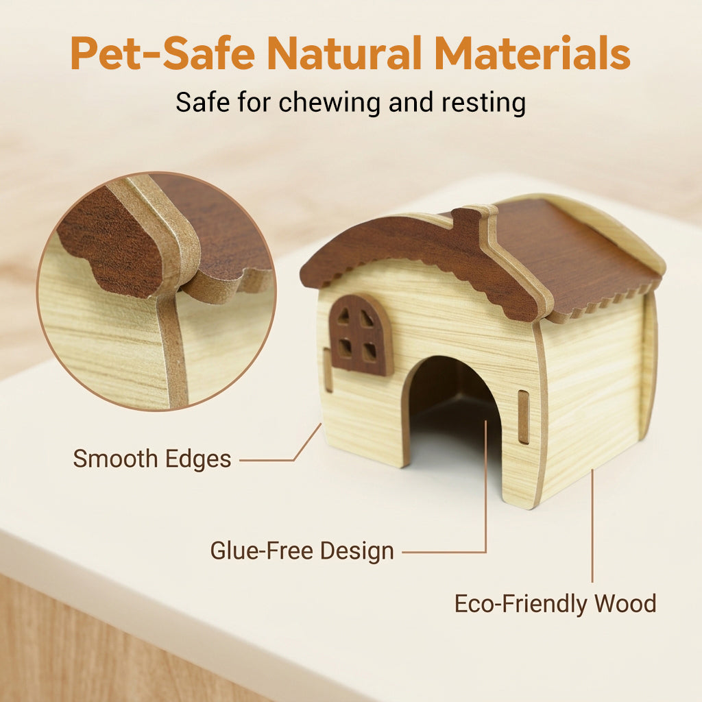 Qpets Wooden Hamster House with Natural Wood, Enclosed Hideout and Tool-Free Assembly