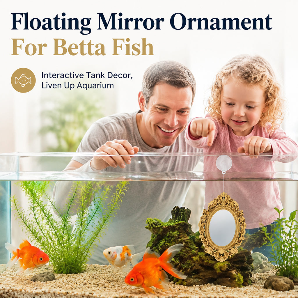 Qpets Betta Fish Floating Mirror Tank Decor with PVC Frame, Glass Mirror and Tool-Free Setup