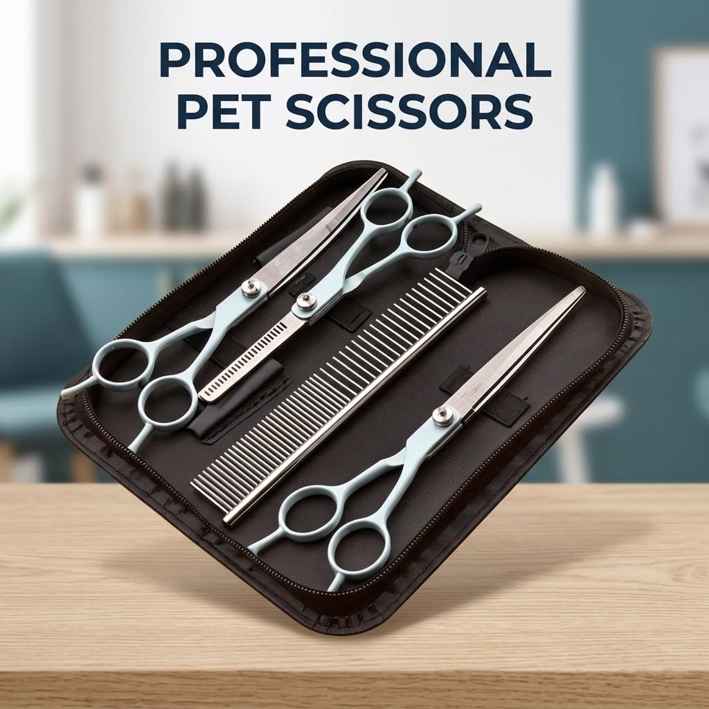 Qpets Pet Grooming Scissors Kit, 3 Stainless Steel Scissors with Comb and Storage Bag