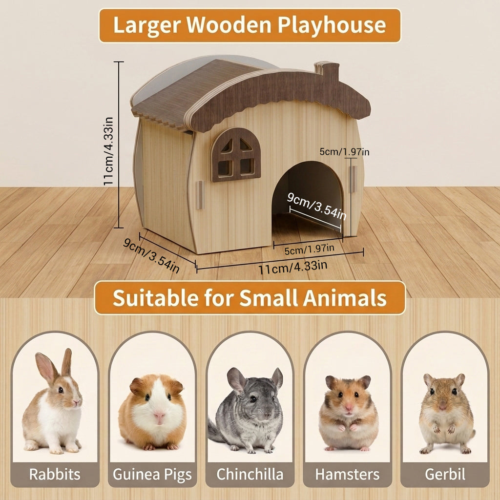 Qpets Wooden Hamster House with Natural Wood, Enclosed Hideout and Tool-Free Assembly
