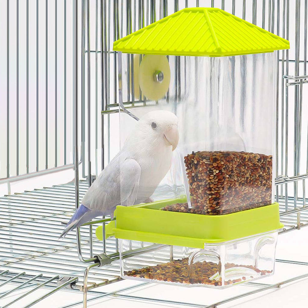 Qpets® Parrot Feeder, Bird Feeder for Cage, Transparent Bird Food Box No Jam Automatic Food Feeder with Perch & Bottom Removable Catching Tray - 7.9x8.3x18.5CM