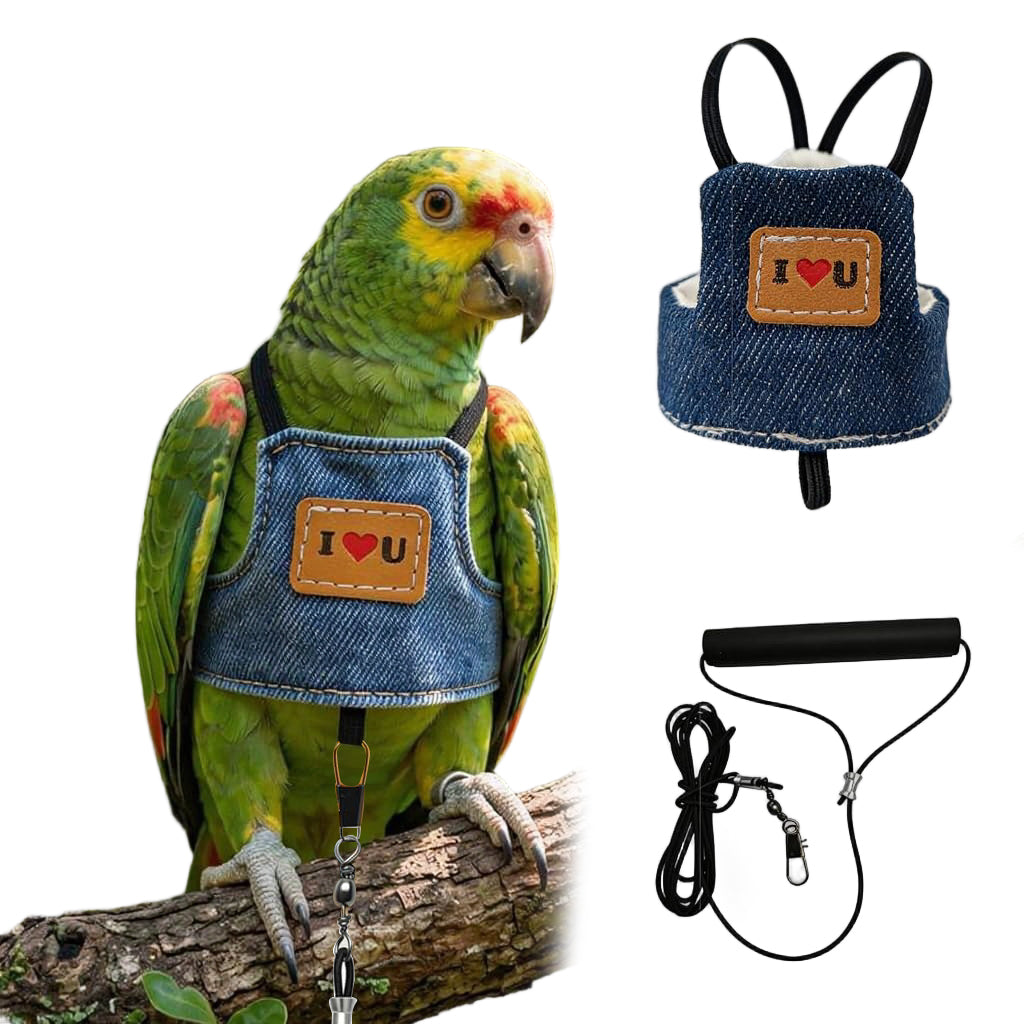 Qpets Bird Flight Harness with Leash, M, 20cm Back Girth, Denim Vest for Medium Parrots