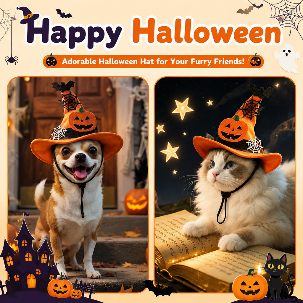 Qpets Adjustable Halloween Witch Hat for Cats and Small Dogs with Soft Cloth and Lace Details