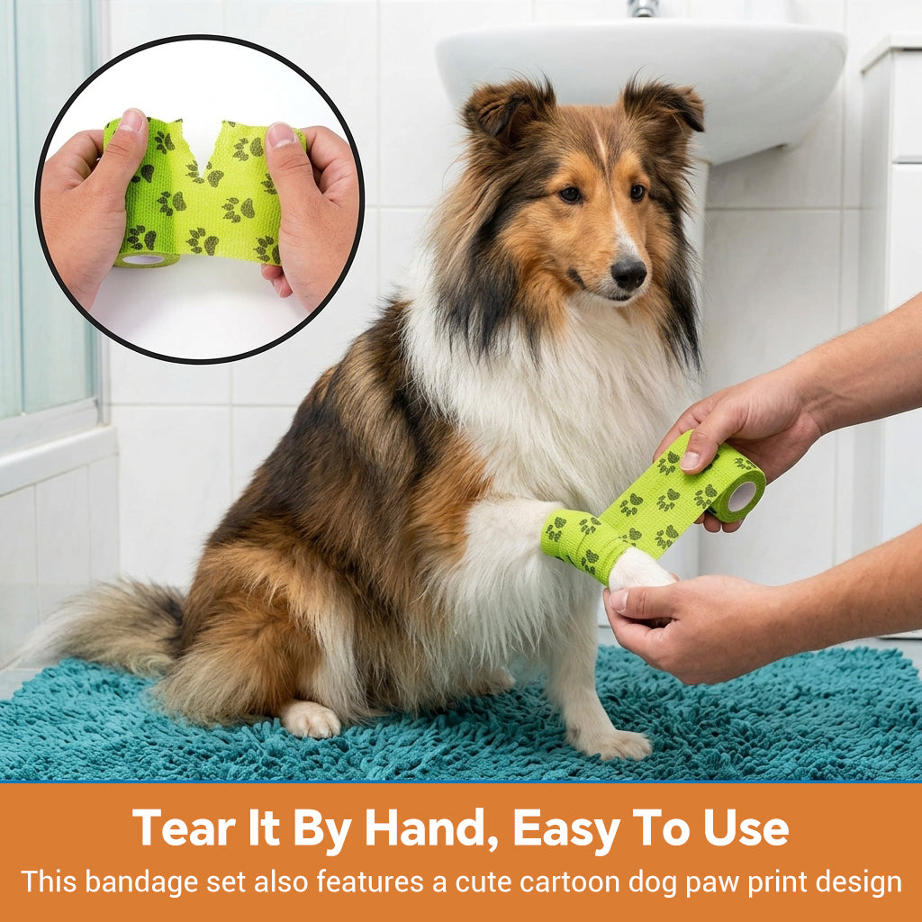 Qpets Self-Adhesive Non-Woven Elastic Pet Recovery Wraps with Paw Print for Cats and Dogs