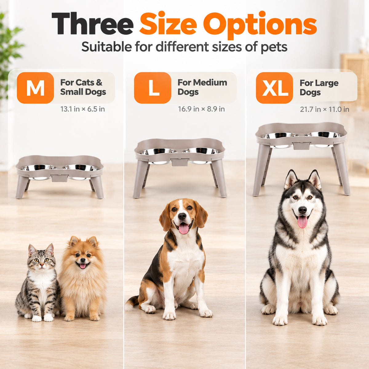 Qpets Elevated Dog Bowl Stand, Size L, Two Stainless Steel Bowls, Drip Tray and Non-Slip Base