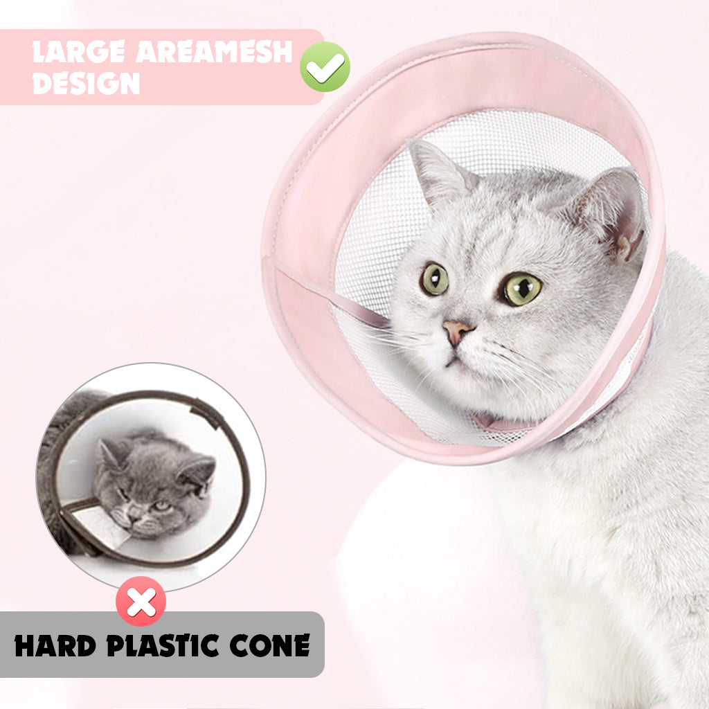 Qpets® Cat Cone Drawstring Adjustable Cat Cone Lick-proof Cat Cone for Recovery Protective Collar Patchwork Breathable Mesh Cat Cone Collar for Cat