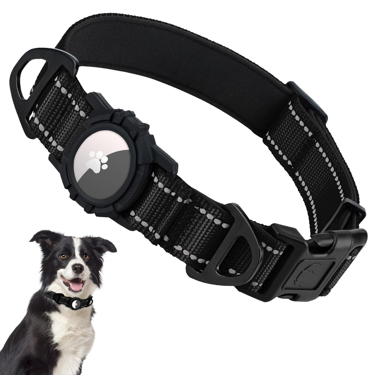 Qpets Reflective AirTag Dog Collar for Medium Dogs with Waterproof Holder, Padding and Dual D Rings