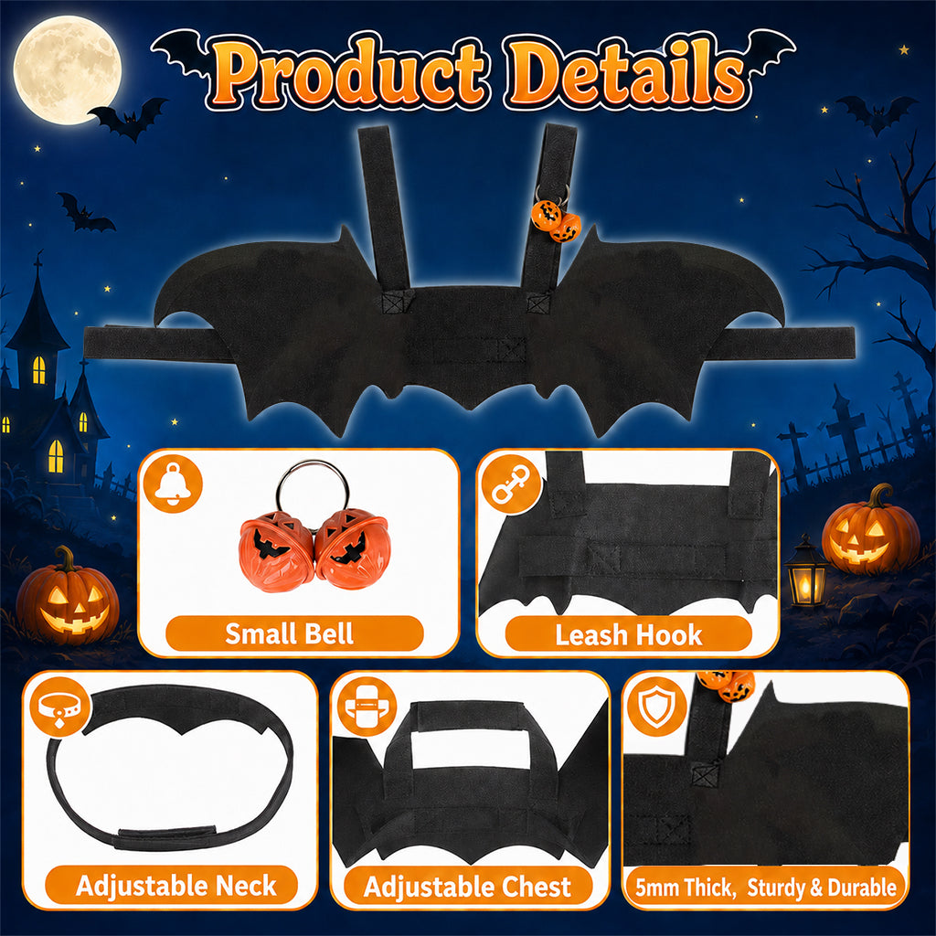 Qpets Bat Wing Costume for Cats and Small Dogs, Size L, 5mm Felt, Bell and Adjustable Straps