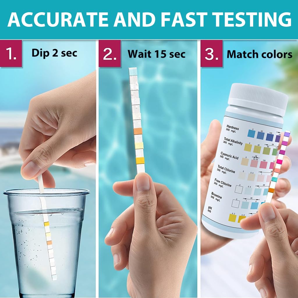 50pcs 7 in 1 PH Pool Test Strips PH Paper 7-Way Pool and Spa Test Strips Quick Accurate Test Hardness, Total Alkalinity, Cyanuric Acid, Total Chlorine, Free Chlorine, Bromine, PH