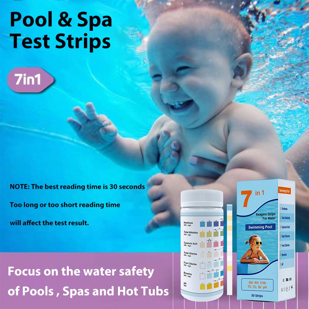 50pcs 7 in 1 PH Pool Test Strips PH Paper 7-Way Pool and Spa Test Strips Quick Accurate Test Hardness, Total Alkalinity, Cyanuric Acid, Total Chlorine, Free Chlorine, Bromine, PH