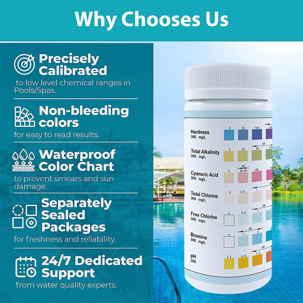 50pcs 7 in 1 PH Pool Test Strips PH Paper 7-Way Pool and Spa Test Strips Quick Accurate Test Hardness, Total Alkalinity, Cyanuric Acid, Total Chlorine, Free Chlorine, Bromine, PH