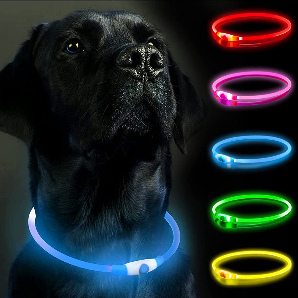 Dog Collar LED Optical Fiber Collar Flashing Collar for Dog USB Charging Cuttable Length Ensuring Safety for Night Walking (Blue Light)