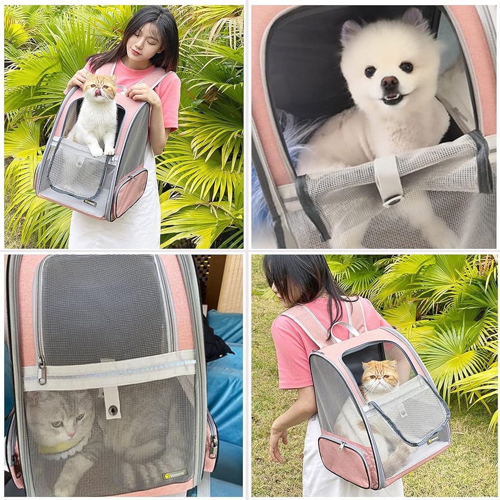 Breathable Design Cat Bag Carrier Backpack for Hot Weather, Expandable Cat Dogs Cage, Cat Bag, Backpack Design Pet Travel Carrier Pet Case for Small Pets (Pink, NOT Expandable)