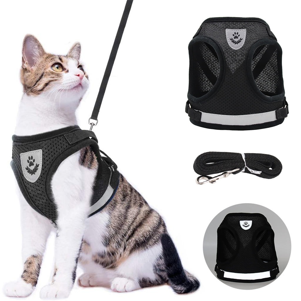 Cat Vest Harness with 1.2m Dog Leash Adjustable Size Dog Vest Harness Breathable Mesh Fabric with Safety Reflective Strip Dog Harness for Cat(S, Black)