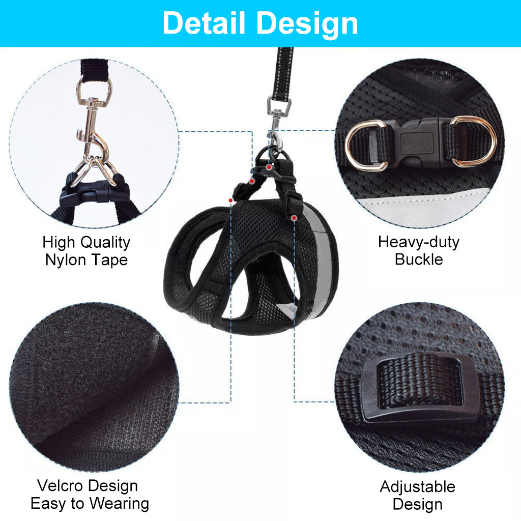 Cat Vest Harness with 1.2m Dog Leash Adjustable Size Dog Vest Harness Breathable Mesh Fabric with Safety Reflective Strip Dog Harness for Cat(S, Black)