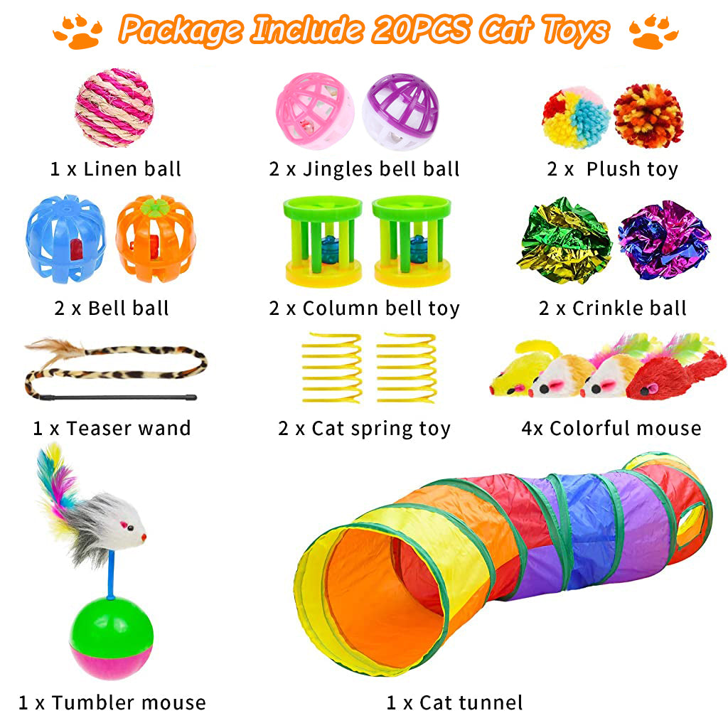 20 PCS Cat Toys for Kittens Set, Collapsible Cat Rainbow Tunnels for Indoor Cats, Family Set Cat Teaser Toy Cat Feather Toy Fluffy Mouse Crinkle Balls Toys for Cat Puppy Kitty