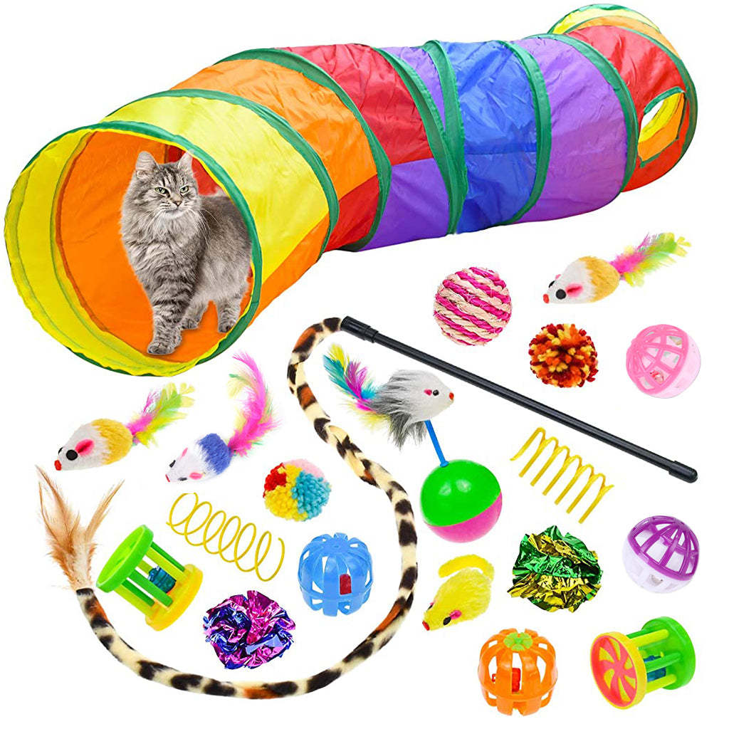 20 PCS Cat Toys for Kittens Set, Collapsible Cat Rainbow Tunnels for Indoor Cats, Family Set Cat Teaser Toy Cat Feather Toy Fluffy Mouse Crinkle Balls Toys for Cat Puppy Kitty