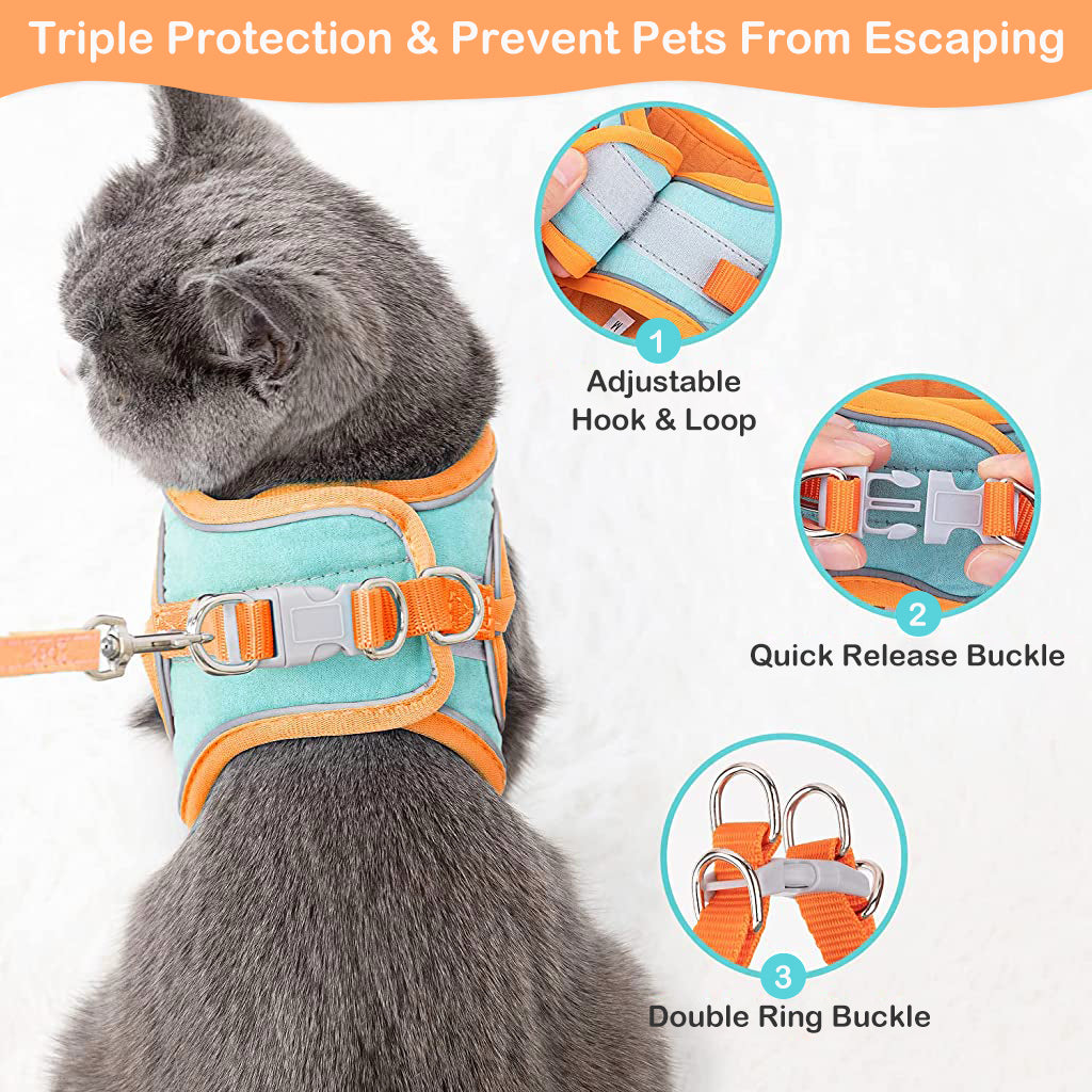 Cat Harness with Cat Leash for Walking, Adjustable Soft Sturdy Faux Suede Escape Proof Kitten Vest Harness and Leash with Reflective Strip for Large Medium Small Cat(Green, Orang, M)