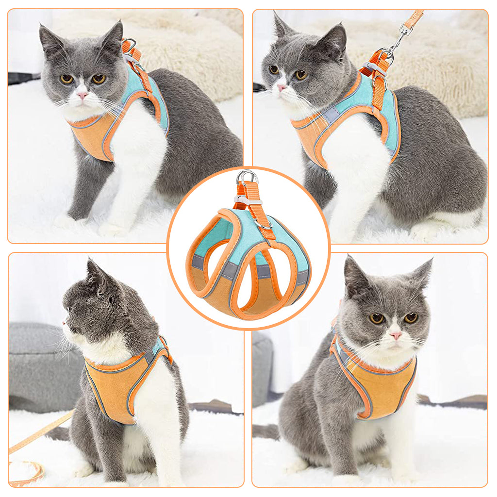 Cat Harness with Cat Leash for Walking, Adjustable Soft Sturdy Faux Suede Escape Proof Kitten Vest Harness and Leash with Reflective Strip for Large Medium Small Cat(Green, Orang, M)