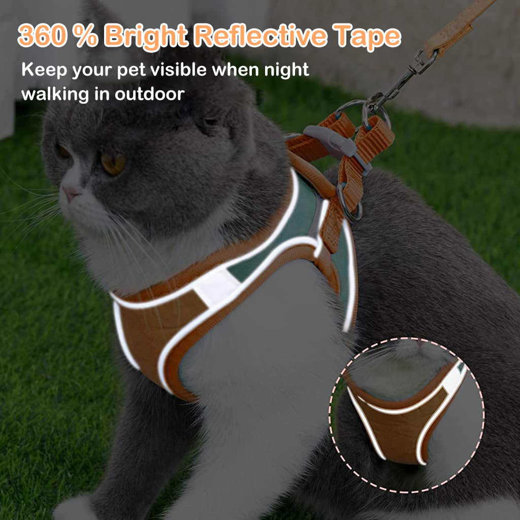 Cat Harness with Cat Leash for Walking, Adjustable Soft Sturdy Faux Suede Escape Proof Kitten Vest Harness and Leash with Reflective Strip for Large Medium Small Cat(Green, Orang, M)