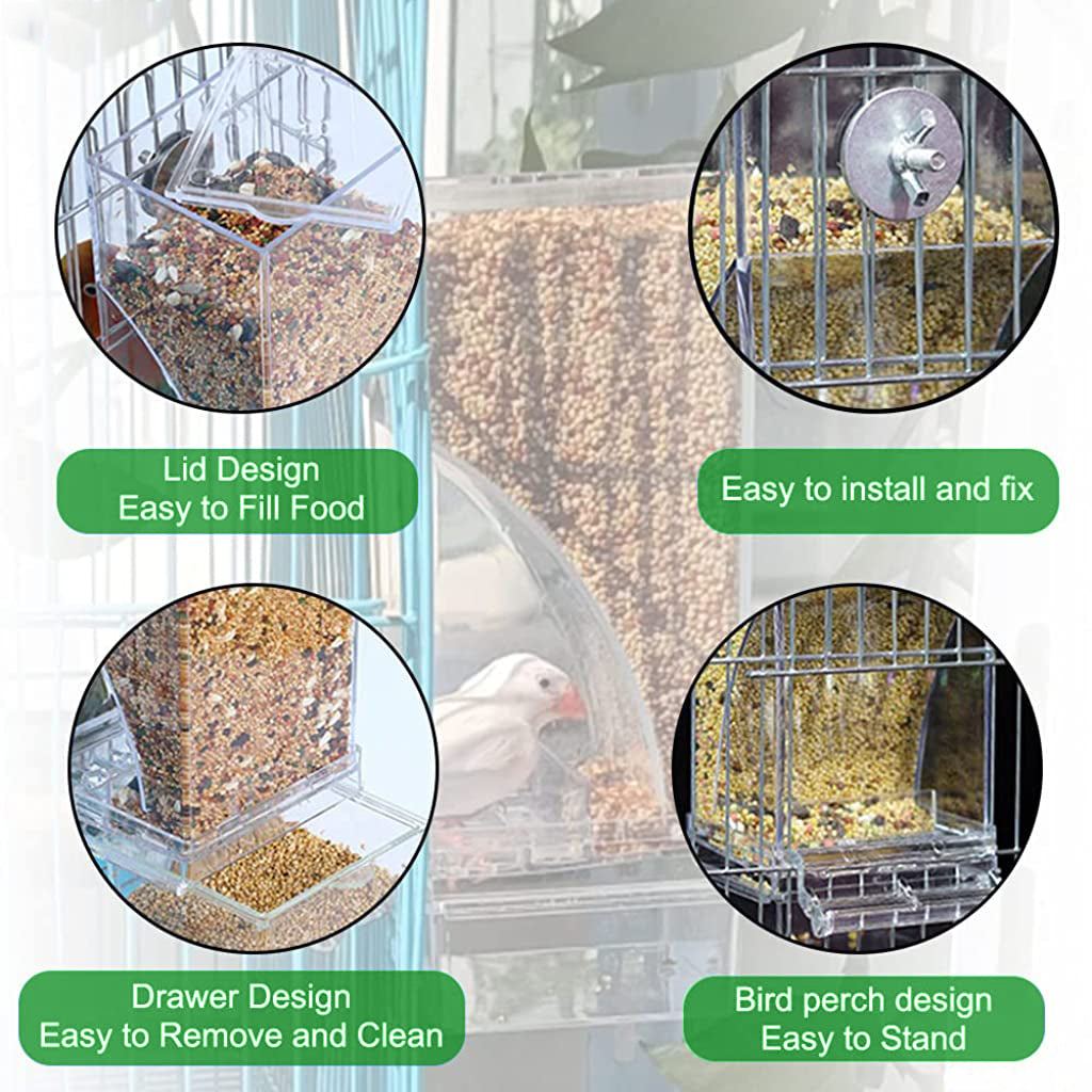 Automatic Bird Feeder for Cage, Birds Food Feeder, Birds Cage, Parrot Seed Feeders with Perch Acrylic Transparent Seed Food Container Cages for Small and Medium Lovebirds Parakeets