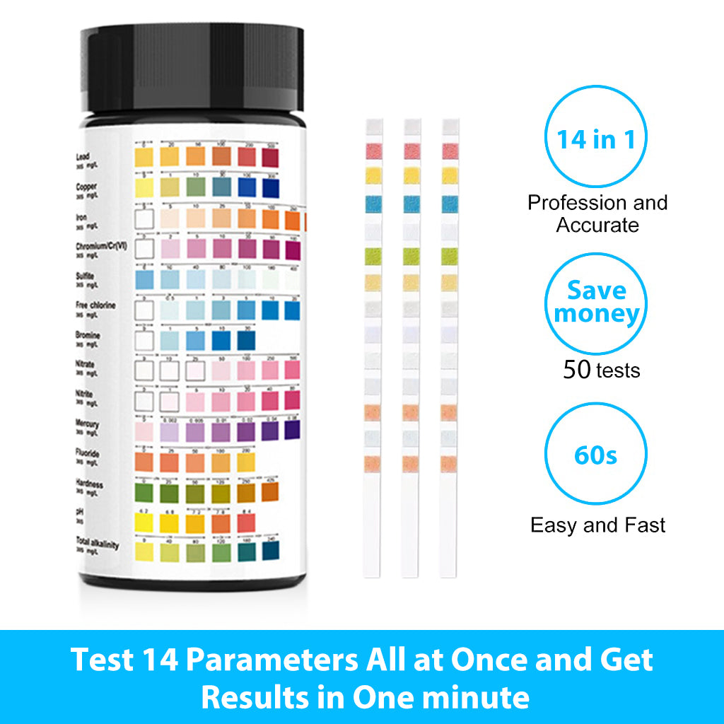 50pcs Water Testing PH Testing Strips, 14 in 1 Water Qulity Test Strips Aquarium Test Strips Professional Freshwater Aquarium Water Test Kit for PH GH & KH Nitrite Nitrate Chlorine Carbonate