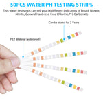 50pcs Water Testing PH Testing Strips, 14 in 1 Water Qulity Test Strips Aquarium Test Strips Professional Freshwater Aquarium Water Test Kit for PH GH & KH Nitrite Nitrate Chlorine Carbonate