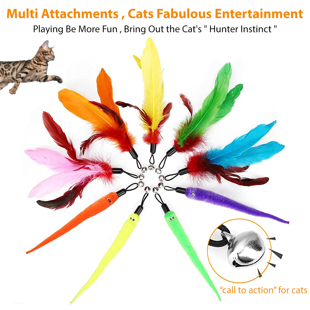 Cat Teaser Toy, Feather Toy for cat 11 Pcs Cat Toy Set with 2 Retractable Teaser Wand & 5 Feather Teaser Toy & 4 Worm Teaser, Interactive Cat Toys for Kitten to Play Chase Activity Exercise