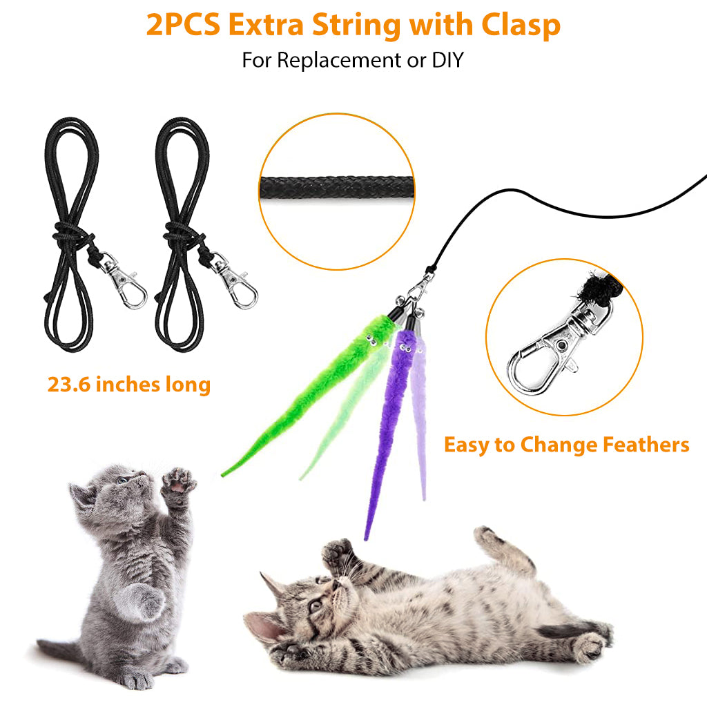 Cat Teaser Toy, Feather Toy for cat 11 Pcs Cat Toy Set with 2 Retractable Teaser Wand & 5 Feather Teaser Toy & 4 Worm Teaser, Interactive Cat Toys for Kitten to Play Chase Activity Exercise