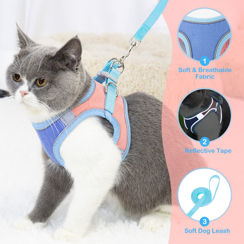 Cat Harness with 1.5m Leash, Cat Belt Adjustable Size Breathable Cat Vest Strap with Safety Reflective Strip, Cat Leash with Harness for Small Cat and Dog (M, Blue)